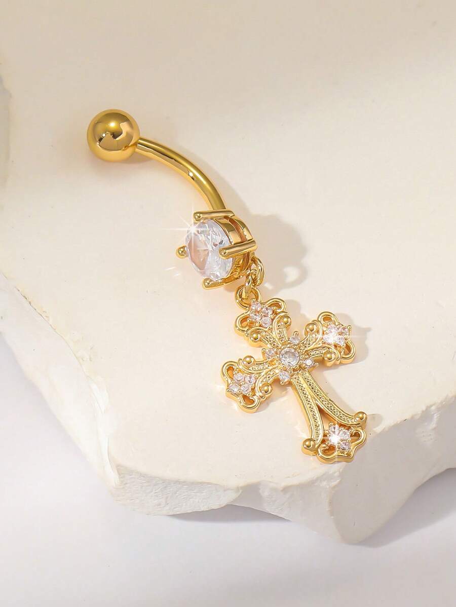 Body Jewelry Lip Ring - Gold-Tone Ornate Cross Navel Ring Featuring