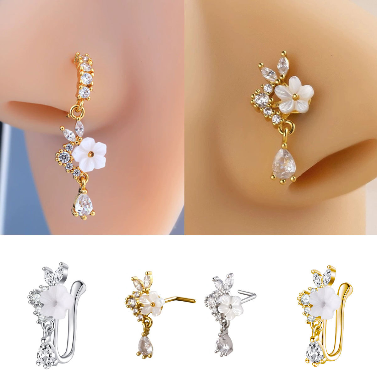 Gold Flower Nose Ring with Dan - Body Jewelry Surgical Steel avaliação e preço