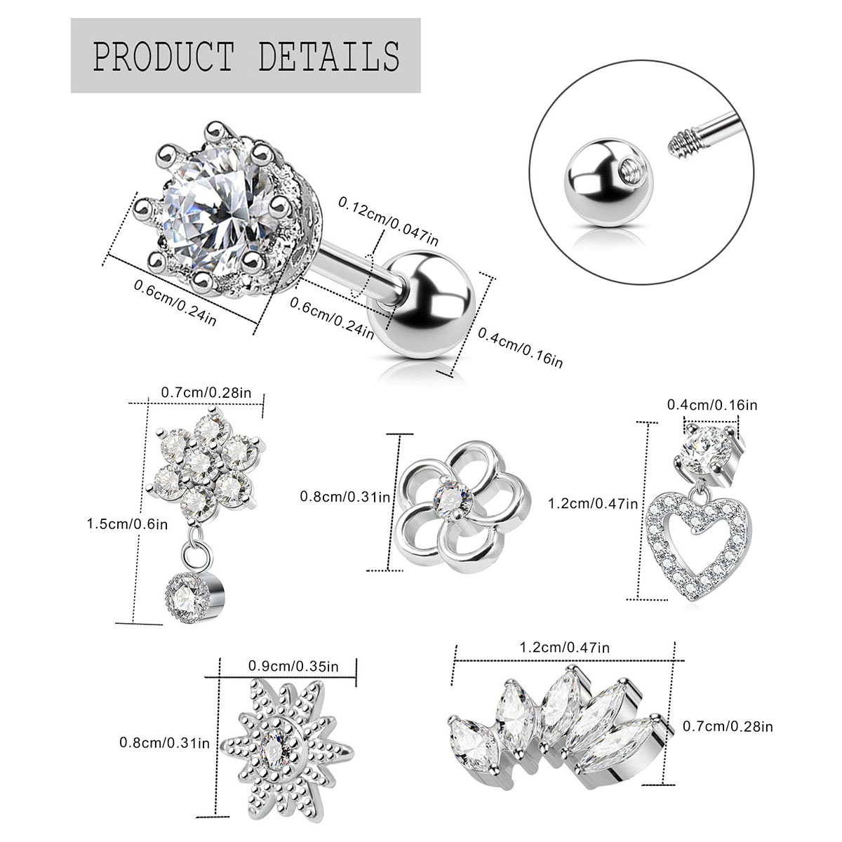 2pcs Cartilage Earrings Stud F - Body Jewelry Surgical Steel avaliação e preço